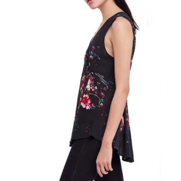NWOT Free People Women's Black Sleeveless Back To Basics Floral Tunic Blouse - Picture 2 of 6